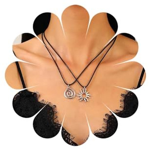 Inateannal Layered Leather Choker Necklace Black Sun Pendant Necklace Vintage Spiral Swirl Necklace Leather Cord Chain Necklace Statement Sunflower Necklace