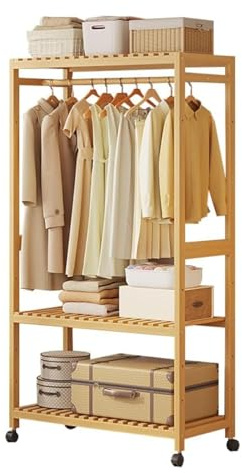 Romyqpipy Offener KleiderstäNder aus Bambus, Freistehender GarderobenstäNder mit 2-Stufiger Storage Shelf, für MäNtel, RöCke, Freistehender KleiderbüGel für Schlafzimmer, Flur, Eingangsbereich