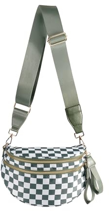 FEIBOON Spacious Checkered Nylon Crossbody Bag Bum Bag Handbags Wallets for Women, Beans Green Checkered, M