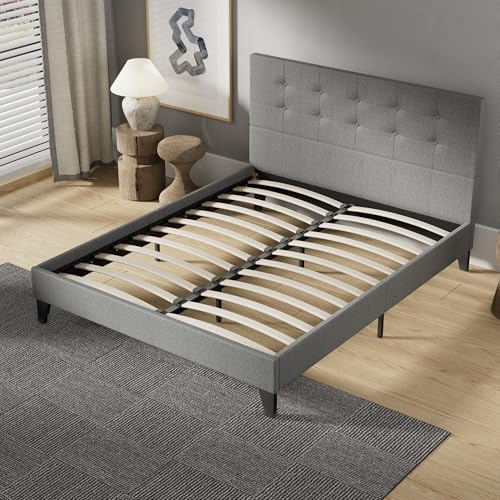 NOVEMBER Cama con cabecero – Somier de Lamas de Madera – 120 x 190 cm – Tapizado en Tela – Estable y Robusta con Patas centrales de Refuerzo (Gris, 120 x 190 cm)