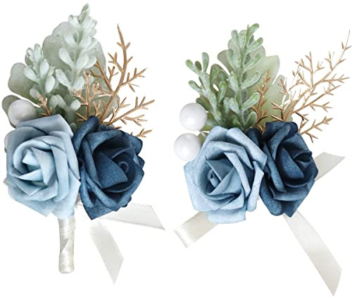 Fouriding Set di Fiori Artificiali da Polso per Bottoniere, Abito da Cerimonia Con Corsage Artificiale per Sposo Sposa Ideale Matrimoni,Feste di Laurea, Cerimonie e Anniversari (Blu)
