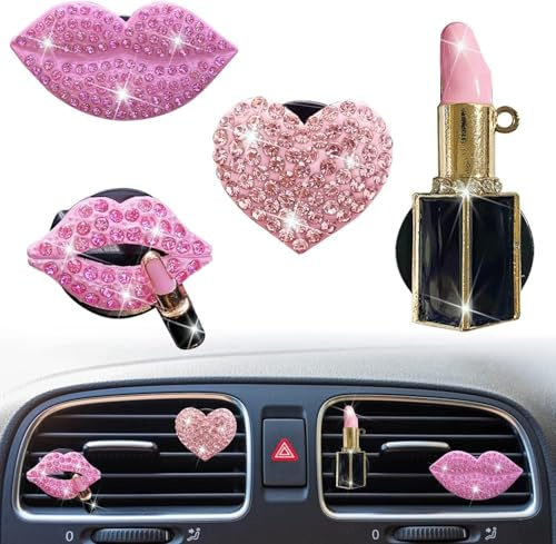 4 Stück rosa Lippen Lüftungsschlitz-Clips Sexy Lippen Kuss Herzform Auto Lufterfrischer für Frauen Charms Strass Diffusor Vent Clip Niedliche Auto-Dekoration Bling Innenzubehör für Frauen
