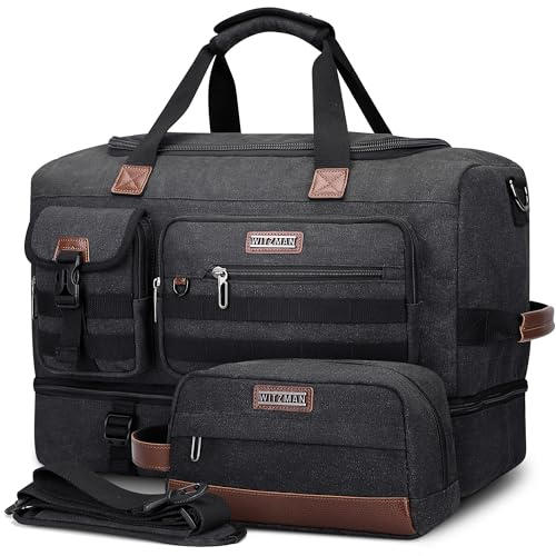 WITZMAN Reisetasche Herren 50L Canvas Wochenendtasche mit Kulturbeutel-Sets | Mit Schuhfach und Nass-Trennfach, Konvertierbar, Handgepäck Flugzeug, Eine für Reisen, Weekender, Sport, A8010/2 Schwarz