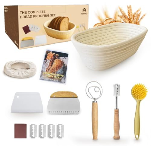 Homiely Bread Proofing Basket, Natural Rattan Sourdough Kit, 13 Piece - 10 Oval Banneton Basket with Bread Lame, Danish Whisk, Linen cover and more for Professional Home Bakers
