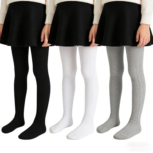 MOEMOE BABY bomullsstrumpbyxor flicka, 3-pack barnstrumpbyxor set, barnstrumpbyxor med fot, vita + svart + grå, svart, 7-8 år