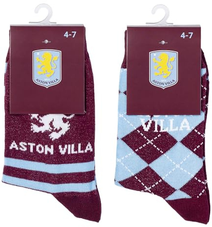 The Gift Scholars Officially Licensed Twin Pack Aston Villa Crest Claret Casual Socks for Men & Women | Adult Size Sport Villans Fan Merchandise 4-7 (1 Claret + 1 Checked)