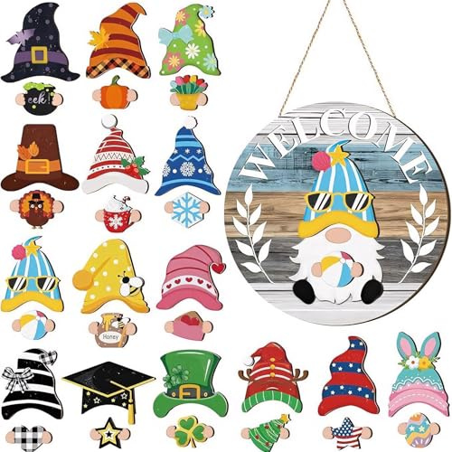 Türdeko Weihnachten, Austauschbare Wichtel Willkommensschild Dekor, Türschild Mit 30 Stück Magnetstücken Und Abnehmbaren Hüten, Willkommen Schild Weihnachtswichtel Für Haustür, Veranda (B)