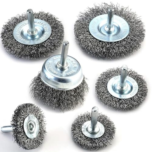 Juego de 6 cepillos de alambre para ruedas, cepillo de alambre compatible con taladro de 1/4 pulgadas, eje de 0.0118 pulgadas, rueda de alambre prensado de acero al carbono grueso