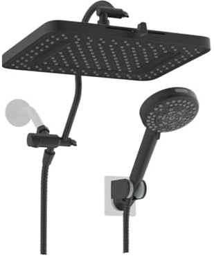 Pommeau De Douche 5 Jets 33 Cm, Effet Pluie Haute Pression, Combiné À Double Pommeau Et Douchette À Main 10 Modes(Matte Black)