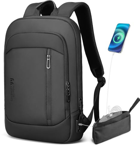 Zaino Ultra Sottile da Uomo, Impermeabile per Zaino porta PC Laptop da 15,6 pollici con Porte di Ricarica USB A e C, Leggero e Antifurto per Lavoro Ufficio Viaggi e Viaggi d'Affari-Nero