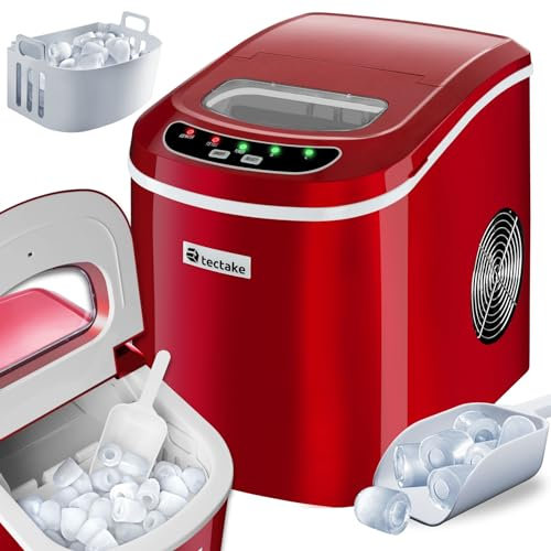tectake® Machine à glaçons Silencieuse Appareil à glacons, 9 glaçons par cycle, env. 5-13 minutes, Glaçons Transparents, Affichage LED, avec Cuillère à glace, Ice Maker - Rouge