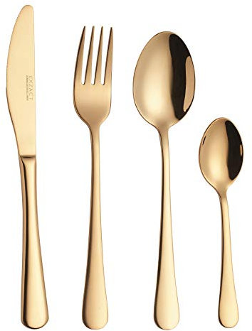 Exzact 18/10 Edelstahl Besteck 16pcs - 4 x Gabeln, 4 x Dinner Messer, 4 x Dinner Esslöffel, 4 x Teelöffel - Service für 4 (Golden/Gold Effekt) (WF944 x 16)