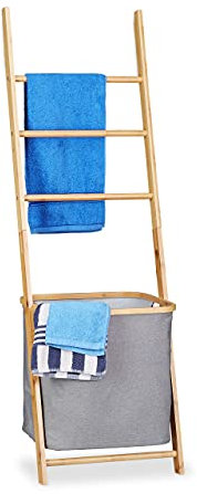 Relaxdays Handtuchhalter Bambus, Handtuchständer mit Wäschesack, Wäschesammler Leiterregal, HBT: 139 x 43,5 x 33cm, natur
