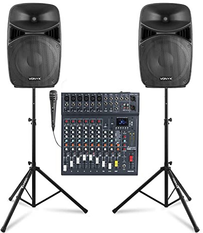 Vonyx VPS122A 800W PA System Package with 12-Inch Active Speakers, CLUB XS10 Mixer, Microphone & Stands - Small Band PA System Ideal for Singers, Live Events & Performances