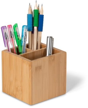 OSCO Bambu fyrkantig pennkruka med 3 fack | Pennhållare i trä för skrivbord | snyggt skrivbord | Kontorsarrangör | Sminkförvaring | Sminkdisplay | H 10 x B 10,5 x D 10,5 cm |
