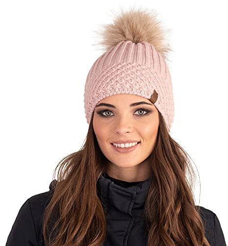 VIVISENCE Wintermütze Mit Bommel Damen Warmes Ideal Für Kalte Wintertage 7016, Rosa,Einheitsgröße