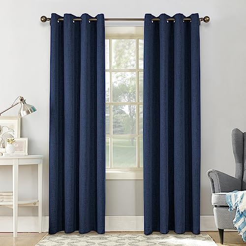 CUCRAF Vorhang 100% Blickdicht Leinen Gardinen mit Ösen Verdunklungsvorhänge Gardinen Navy Blau H225 x B140 cm 2er Set, Thermovorhang Kälteschutz Schallschutz Vorhang für Wohnzimmer Schlafzimmer