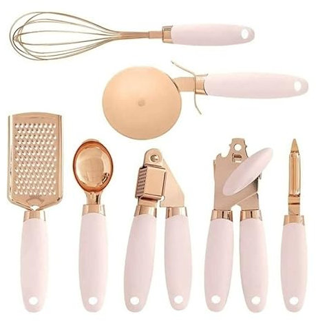7 unids/set utensilios de cocina de acero inoxidable utensilios de helado cucharada pelador ajo prensa rallador de queso batidor (rosa)