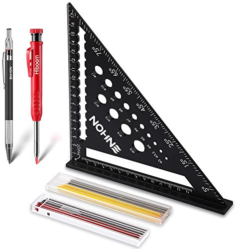 Zimmermannswinkel, Multifunktional Zimmererwinkel 18 cm Metrisch [Tieflochmarker + Bleistiftminen] Metall Aluminium mit Lineal Anschlagwinkel Streichmaß Winkelmesser 45 90 Grad für Holzbearbeitung