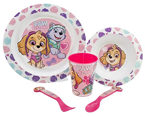 5-TEILIGES KINDERGESCHIRRSET. TELLER, SCHÜSSEL, 260ML GLAS UND BESTECK. BPA-FREI UND MIKROWELLENGEEIGNET. | PAW PATROL GIRL SKETCH ESSENCE, Rosa
