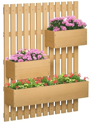 Outsunny Jardinera de Pared con Enrejado Jardinera Vertical de Madera con 3 Macetas Móviles y Orificio de Drenaje para Exterior Jardín Terraza Patio 60x16x80 cm Natural