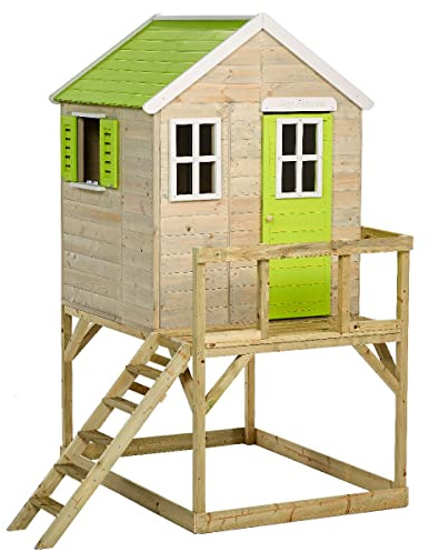 Kangui Maisonnette TINNI – Bois Extérieur avec Plateforme – Cabane Jardin Surélevée – Toit Étanche – Vert & Blanc