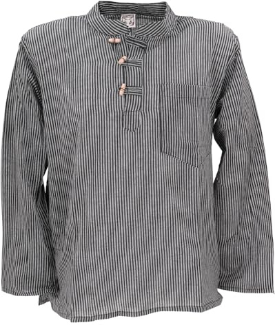 GURU SHOP Nepal fiskarskjorta, randig goa-hippie-skjorta, yogabyxor, män, bomull, svart / grå, L