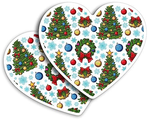 2 pegatinas de vinilo de 10 cm con forma de corazón, diseño vintage de campanas de árbol de Navidad, diseño retro, impresión artística para laptop, tablet, equipaje, coche, pared, nevera, puerta,