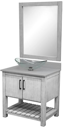 Miseno MV-30SG-NOBV-280-324C-MIR 30 Free Standing Single Basin Vanity Set with Cabinet, Grey Quartz Vanity Top, Oval Glass Vessel Sink and Mirror - Stonewash Grey/Storm Grey Top/Matte Black
