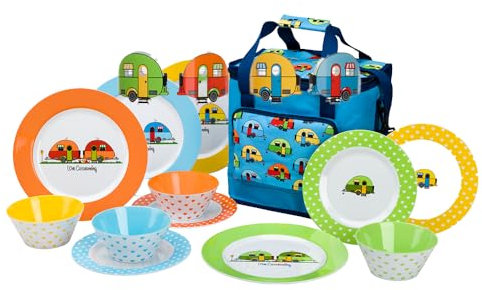 FLAMEFIELD Love Caravanning 13-Piece Set - Vintage Inspired Outdoor Dinnerware, Durable Melamine Plates & Bowls with 16L Cooler Bag, Relive The Golden Era of Travel with Every Meal