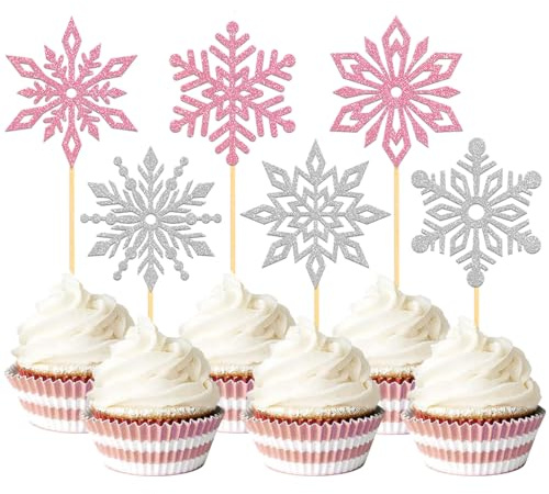 24 pièces Anniversaire Flocon de Neige Cupcake Toppers, Scintillantes Decoration Gâteau Reine des Neiges, Deco Gateau pour Mariage Noël Hiver (Rose)