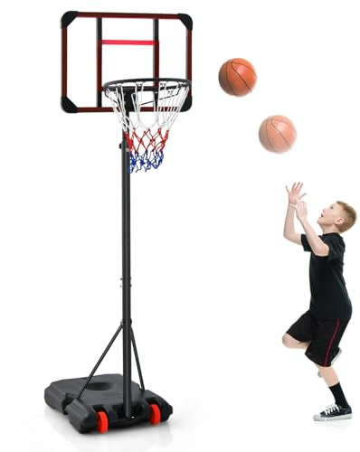 COSTWAY Canestro da Basket Regolabile 193-248 CM, Canestro da Basket da Esterno ed Interno con Ruote, Supporto per Pallone, Tabellone in PC Resistente e Base Riempibile