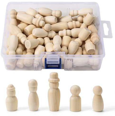 FOGAWA Wooden Peg Dolls - 60PCS Nature & Plain Wooden Figures, 4 Sizes, Unfinished People Shaped Dolls with Storage Box for Kids DIY Painting Crafts & Decoration