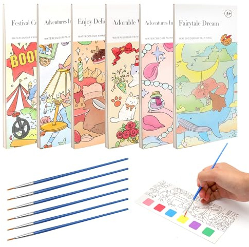 DAWRIS 6 libri da colorare con colori ad acqua, Mini Paint Pad ad acquerello, per bambini, da strappare, set da colorare con blocco ad acquerello e pennello, acquerello