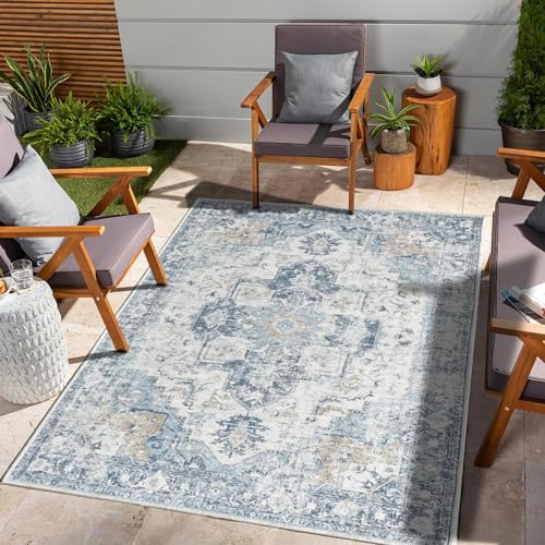 TOPICK Teppich 120x180cm Wohnzimmer Waschbar Kurzflor Retro Blau Blumen Orientalischer Antibakterieller Faltbar Weich rutschfest Dünn Schlafzimmer Kinderzimmer Wohnzimmer Flur