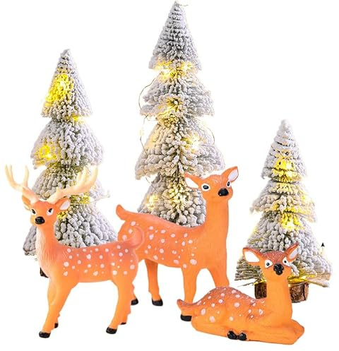 3 Stück Mini Weihnachtsbaum Mini Tannenbaum Klein Miniatur Weihnachten Mini Figuren Künstlich Christbaum Tree Christbaum für Tischdeko DIY 15/20/25cm mit 3pcs Klein Weihnachtsfiguren Hirsch