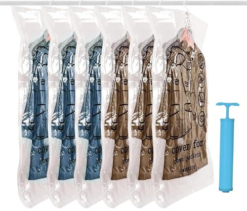 Wenrecu Hängende Vakuumbeutel für Kleidung, 6 Stück 110×70CM Vakuumierbeutel mit Handpumpe, Platz sparen Kleiderschrank-Organisator, Vacuum Bags für Saisonale Kleidung, Kleider, Anzüge, Mäntel, Jacken
