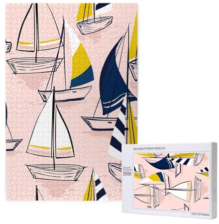 Pink Sketch Sailing Sea Boats, Jigsaw Puzzles 1000 Pieces Wooden Jigsaw Toy Family Game Wall Decor for Adults Teens