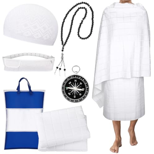 Namalu Ihram Set für Hajj und Umrah Islamische Gebetskleidung für Männer 2 Pilgerhandtücher Islam Kufi Hüt Rosenkranz Kette Bauchtasche Kompass Muslim Kleidung für Muslimisches Gebet Eid Geschenk