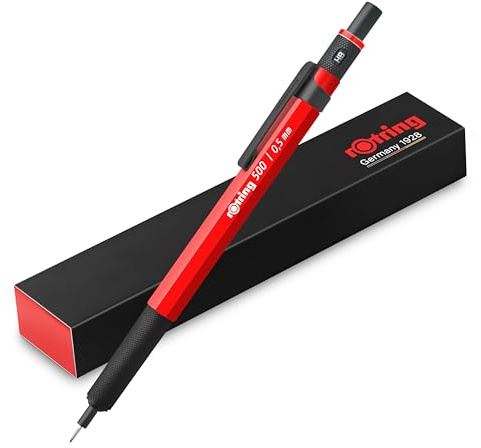 rOtring 500 Mechanical Pencil | 0.5mm HB Lead | Red hexagonal plastic barrel and non-slip textured metal grip