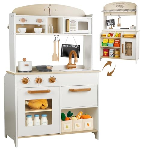 DREAM BUILDING Dual-Sided Play Kitchen for Kids Toddlers, 2-in-1 Grocery Store&Wooden Toy Kitchen Set with Coffee Machine,Pretend Kitchen Play Set with Microwave, Oven, Gift for Boys Girls