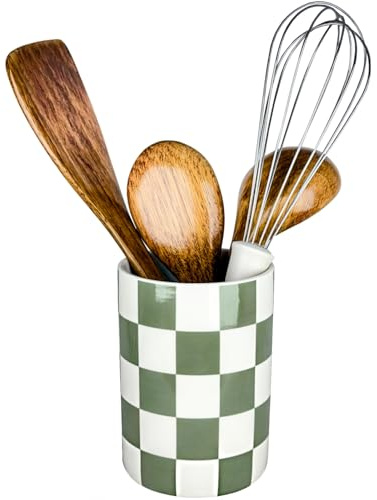 Checkered Utensil Holder, 4.13''x5.71 Utensils Caddy for Kitchen Counter, Medium Size Utensil Crock for Countertop, Utensils Organizer Storage for Parties Dining-Modern Sage Green and White