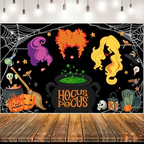 Hocus Pocus Halloween Party Backdrop Banner, Black Witch Theme Photo Background with Cauldron, Pumpkin, Spider Web Design, 44x72 Inches, Indoor Outdoor Decoration
