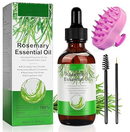 Rosmarinöl für Haarwachstum, mit Silikon Kopfhaut Massagebürste, Bartwuchs, Wimpernpflege und Hautpflege - Natürliches ätherisches Öl mit aroma