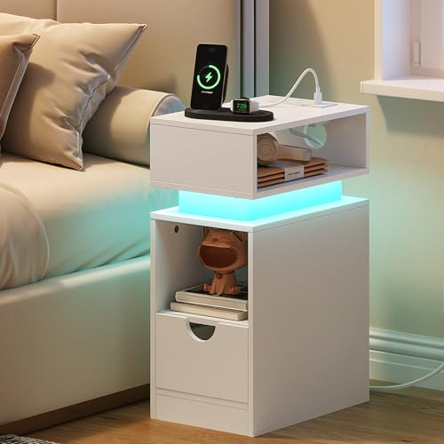 HOOBRO Narrow Bedside Table with Charging Station, Slim Sofa Side Table with USB and USB-C port, 40 x 24 x 58.5 cm, Nightstand with LED Light Strip for Living Room, Bedroom, White EWT204KDBZ01