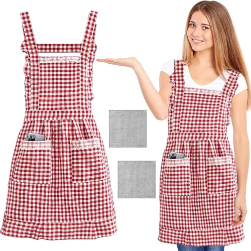 ZenyTra Vintage Kittelschürze Premium Set für Damen | Karo Schürze Bordeaux | Baumwolle, 2 Taschen & Verstellbar | Für Küche Garten Basteln & Geschenk für Oma, Mama, Weihnachten (inkl. 2 Spültüchern)