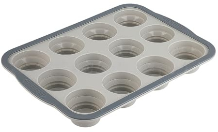 Tastetreasure Molde de silicona para magdalenas con marco de acero reforzado, bandeja para cupcakes de tamaño estándar de 12 tazas, antiadherente y de liberación rápida, sin BPA, apto para horno hasta