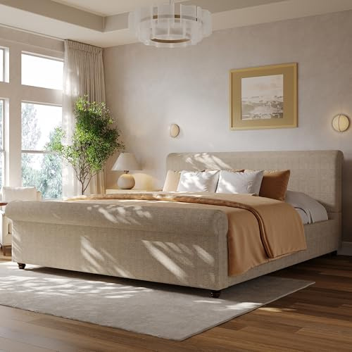 Merax King Size Upholstered Bed Frame with Linen Fabric, Thick Headboard and Solid Wood Legs, Sand