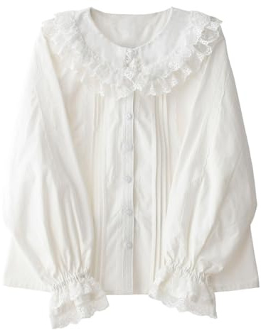 Cuteighteen Lolita Camicette a maniche lunghe da donna con colletto alla Peter Pan camicia vittoriana vintage pizzo elegante top con volant alla moda primavera, Bianco, S