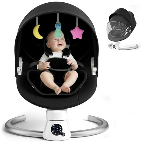 Babywippe Elektrisch mit Fernbedienung und App-Steuerung, 5 Schaukelgeschwindigkeiten, 3 Timer, 11 Integrierte Musikstücke, Babyschaukel mit 5-Punkt-Gurt, Abnehmbares Verdeck, 2 Winkellage-Schwarz